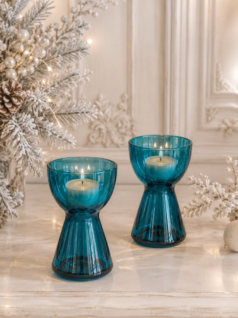 Pair of Mid Century Old Morgantown Barton Peacock Blue Candlestick Holders
